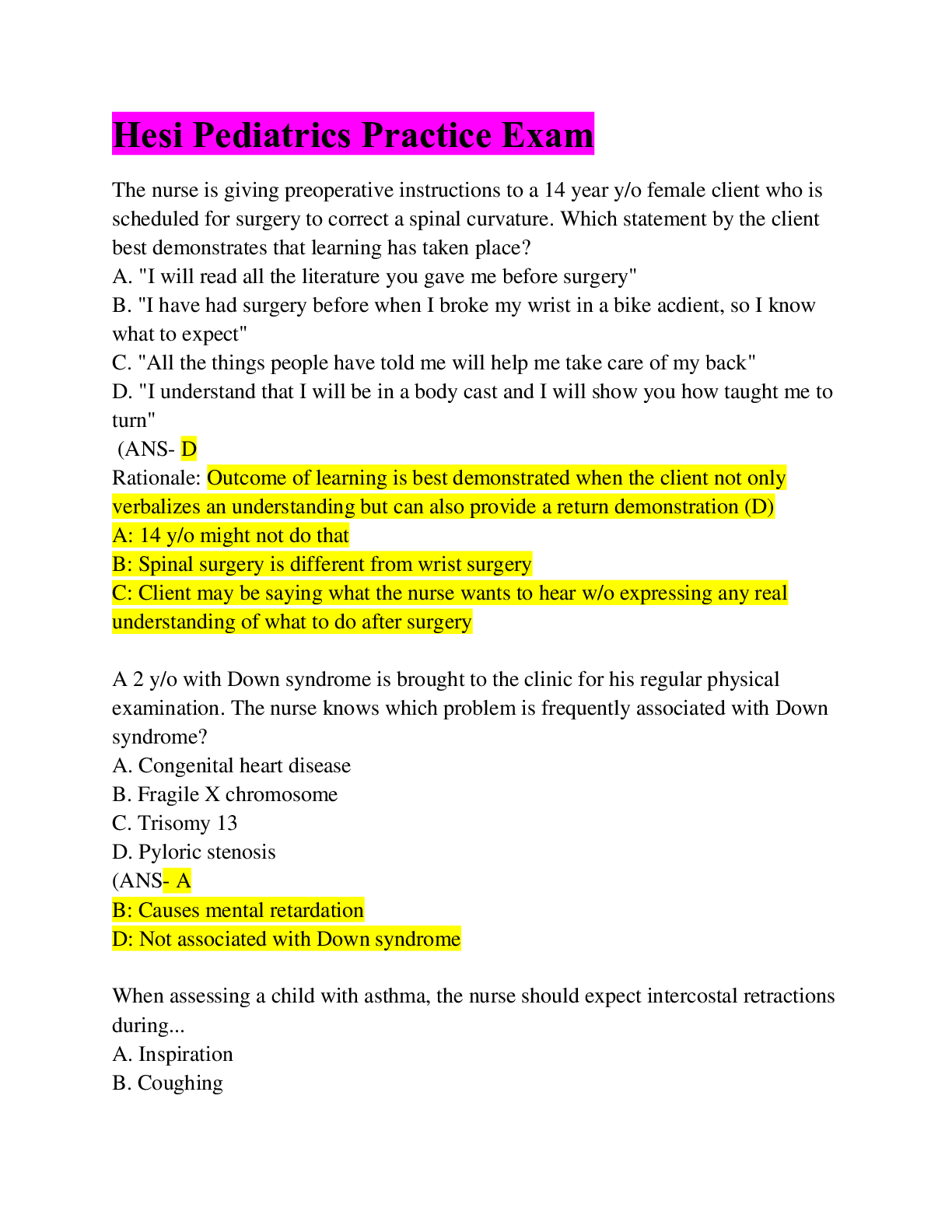 Preview image for Hesi Pediatrics Practice Exam